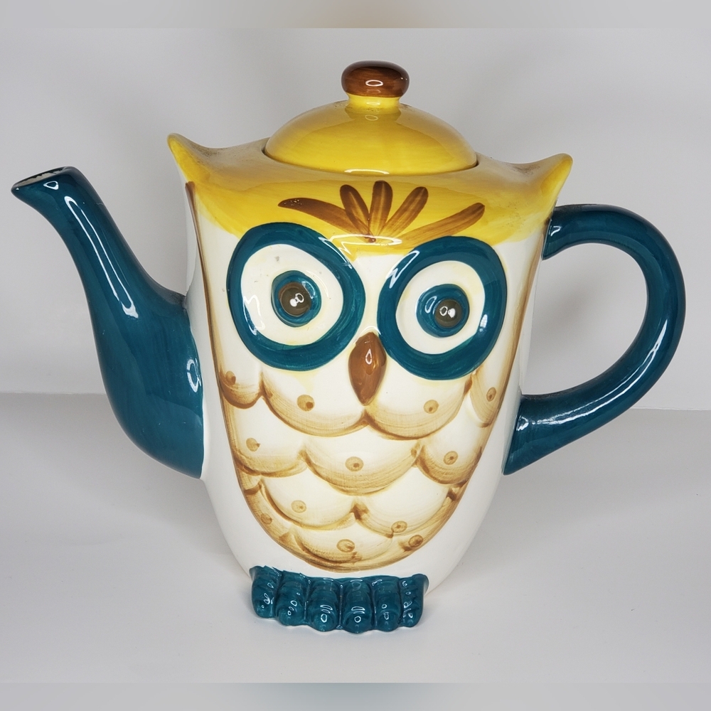 American Atelier Owl Teapot with Teal and Yellow Details: 8" T x 9 5" W